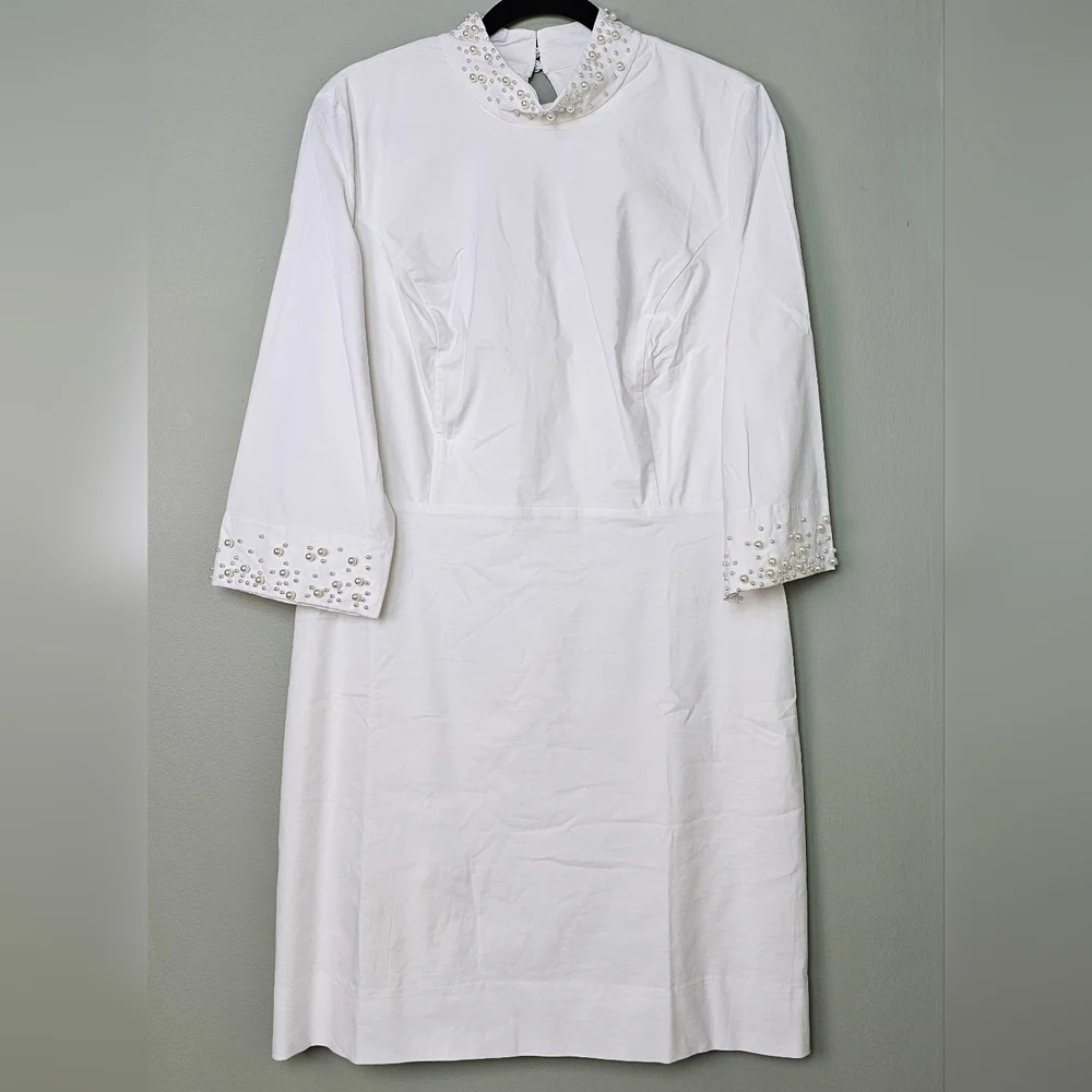BHLDN Brynlee Mock-Neck 3/4 Sleeve Mini Dress w Pearl Accents, Ivory, LARGE